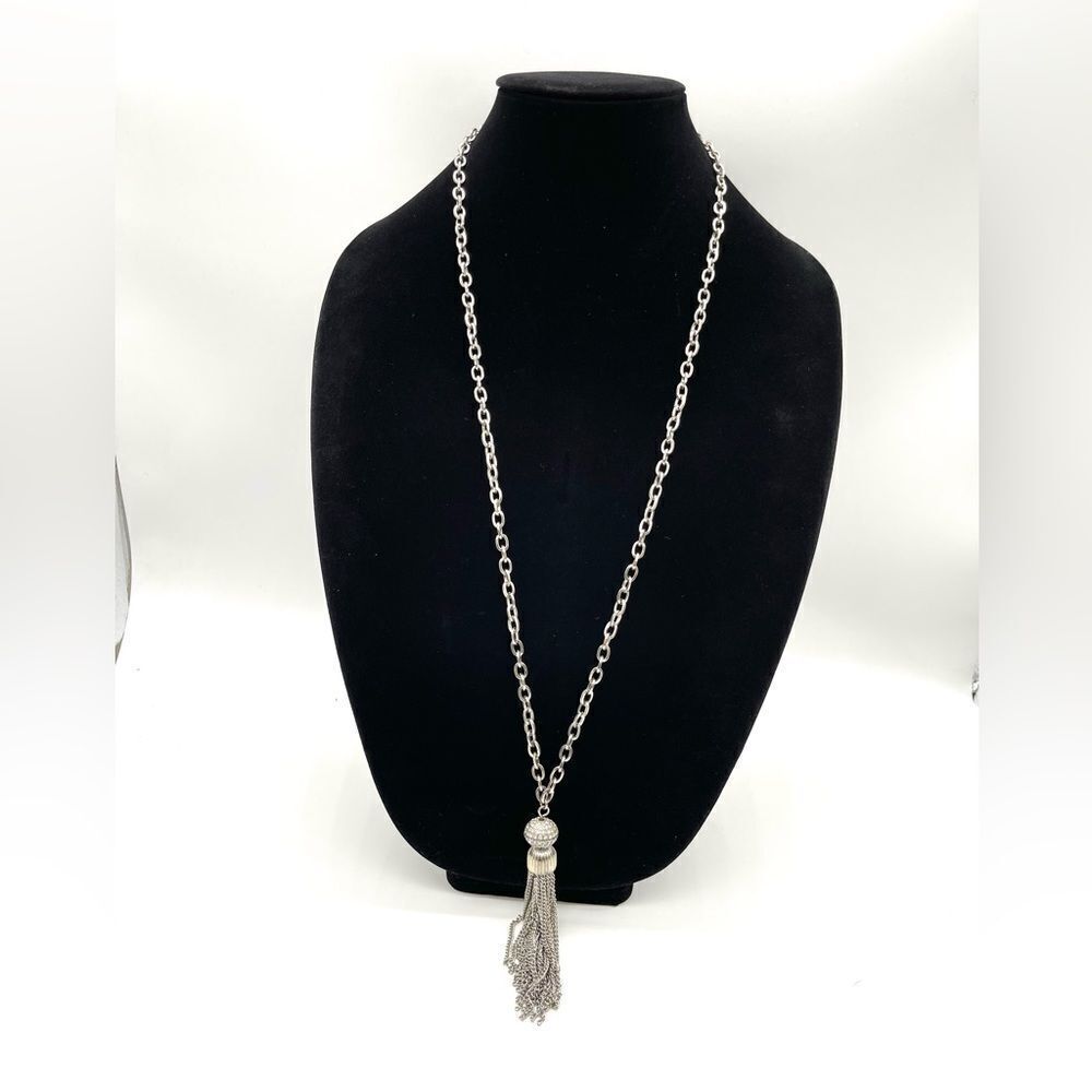 Silver Tone Chain Metal Tassel with Rhinestones Accent Long Necklace